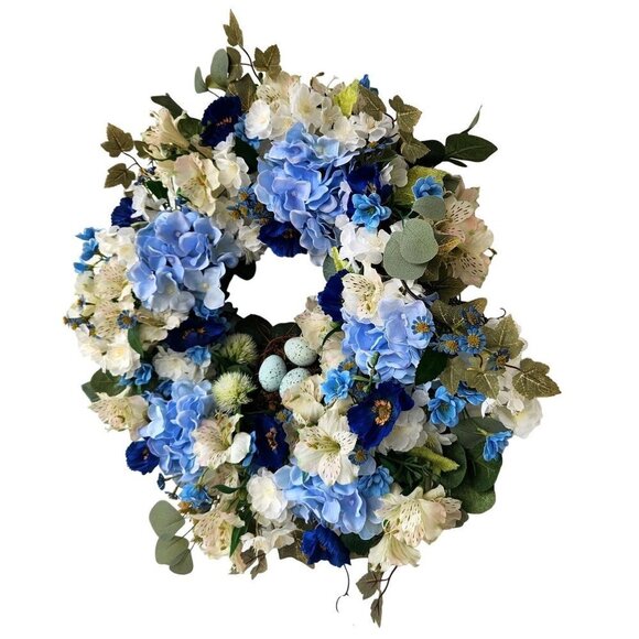 Blue Hydrangea wreath with poppies, birds nest and faux robin eggs. Beautiful!! - Picture 8 of 13